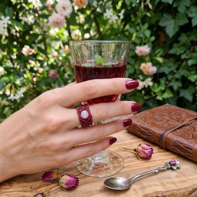 Bague Roseraie Secrète - macramé et quartz rose