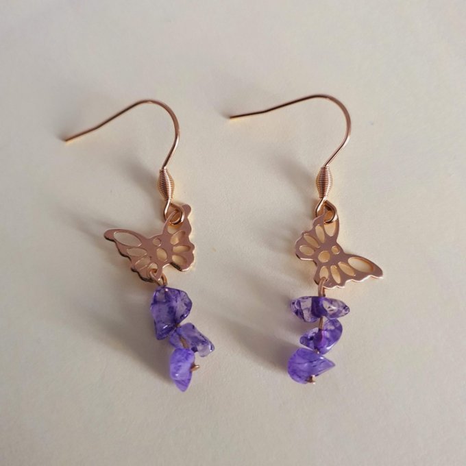 boucles d'oreilles améthystes et papillons acier inoxydable doré