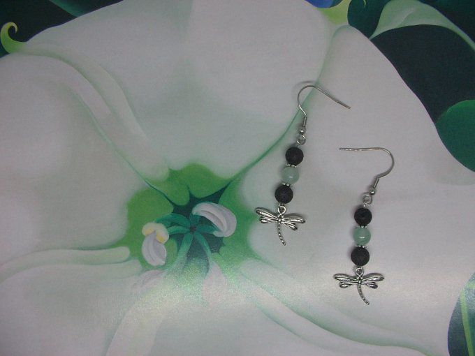 boucles d'oreilles - libellules, perles de lave et aventurine