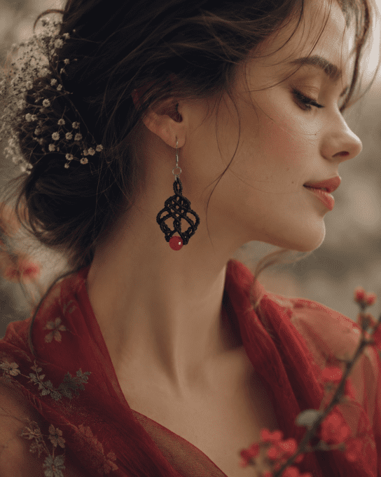 Éclats de Feu - Boucles d'oreilles micro macramé et cornaline