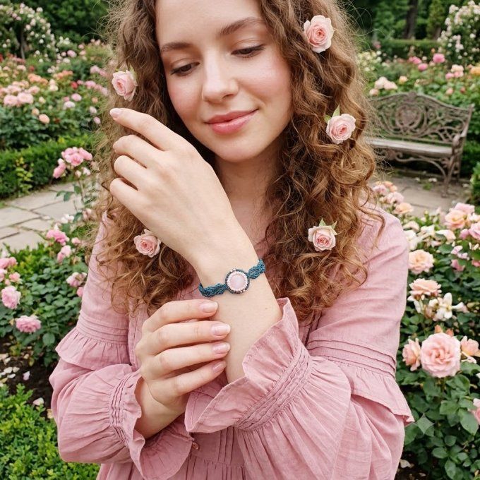 Bracelet printanier - quartz rose et feuillage
