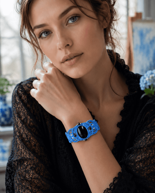 Elégance Nocturne - Bracelet manchette micro macramé et pierres naturelles
