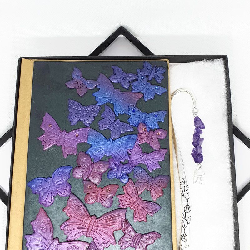 Coffret carnet papillons multicolores - marque page améthystes véritables