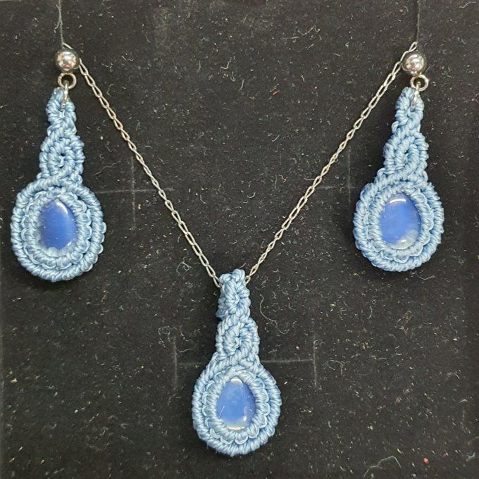 Parure Les Songes Bleus - Boucles d'oreilles et pendentif - chaine en argent