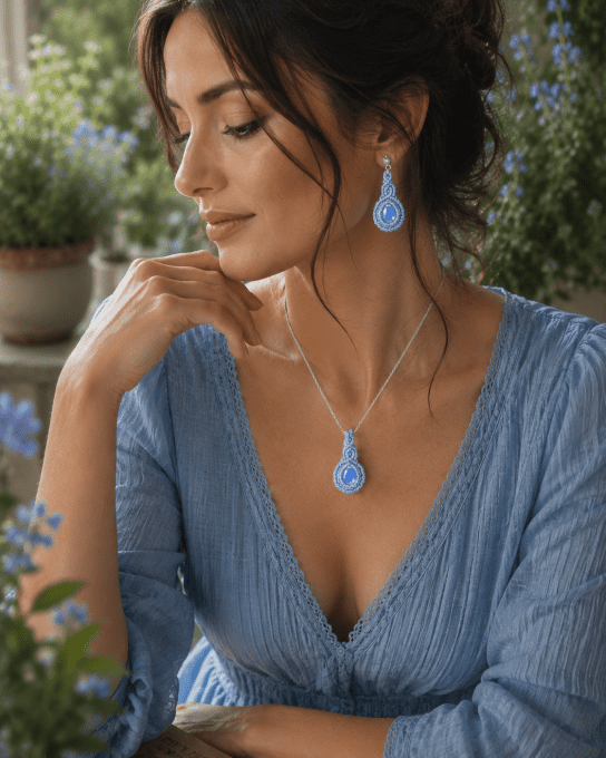 Parure Les Songes Bleus - Boucles d'oreilles et pendentif - chaine en argent