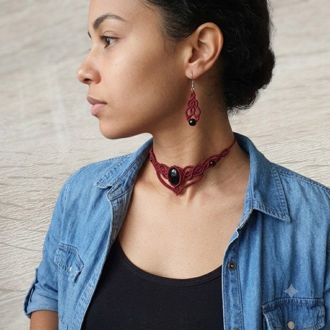 Parure Eclat volcanique - micro macramé et obsidienne